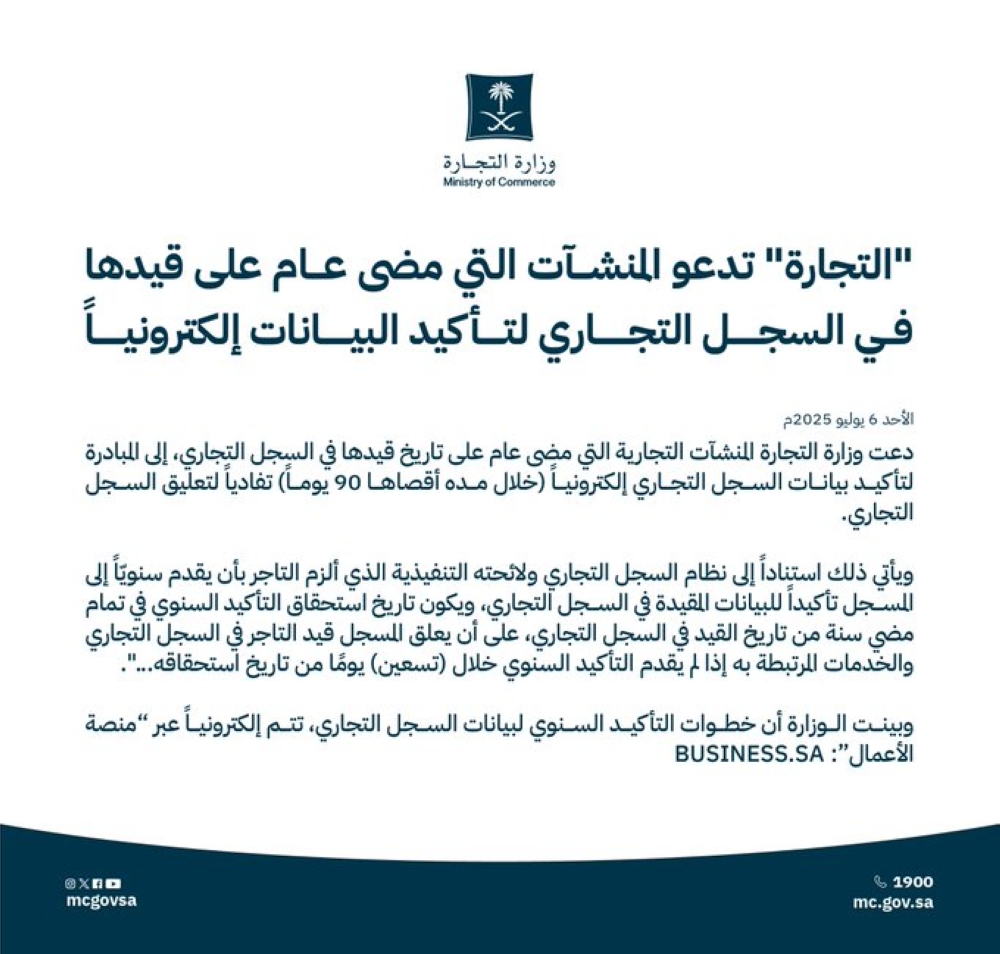 نداء مهم للمنشآت التي مضى على قيدها عام.. احذر تعليق السجل التجاري