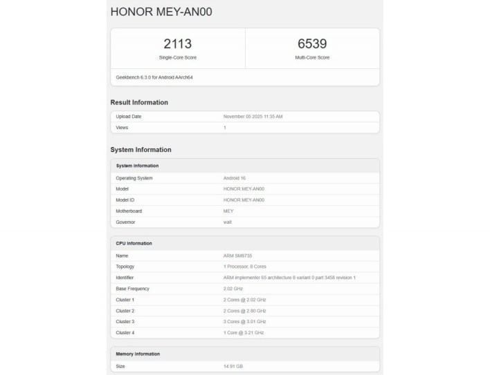 اختبار Geekbench يكشف عن معالج وسعة الذاكرة في Honor 500