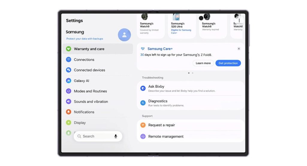 سامسونج تكشف عن قائمة جديدة للضمان والعناية في One UI 9