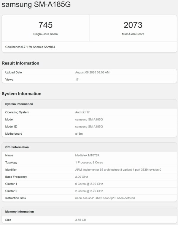 هاتف سامسونج Galaxy A18 يظهر على Geekbench ويكشف عن أبرز مواصفاته المتوقعة