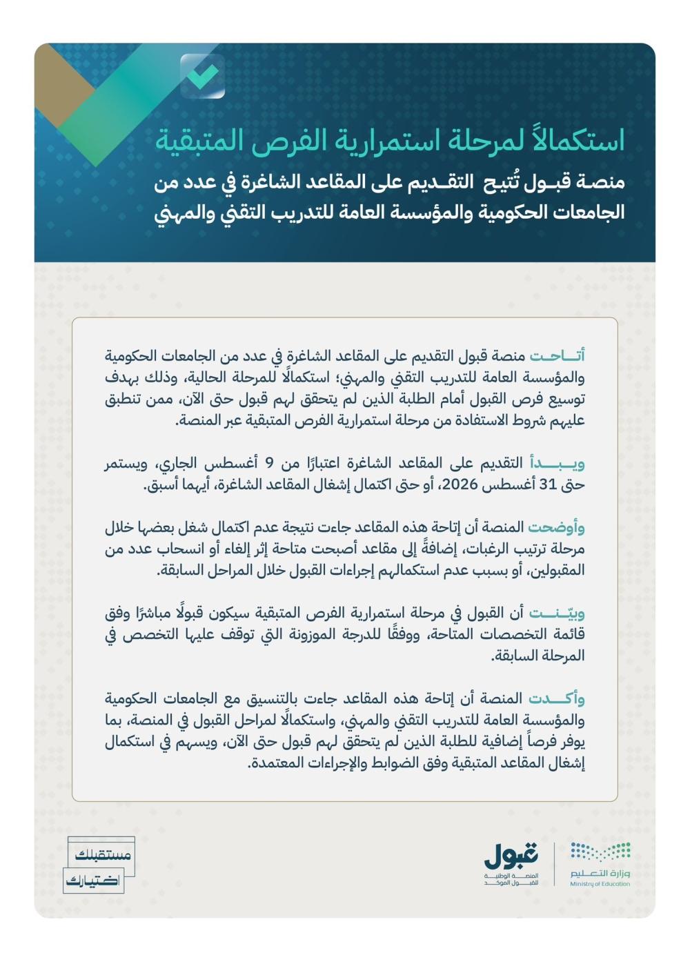 «قبول» تتيح التقديم على المقاعد الشاغرة في عدد من الجامعات.. آخر موعد – عاجل